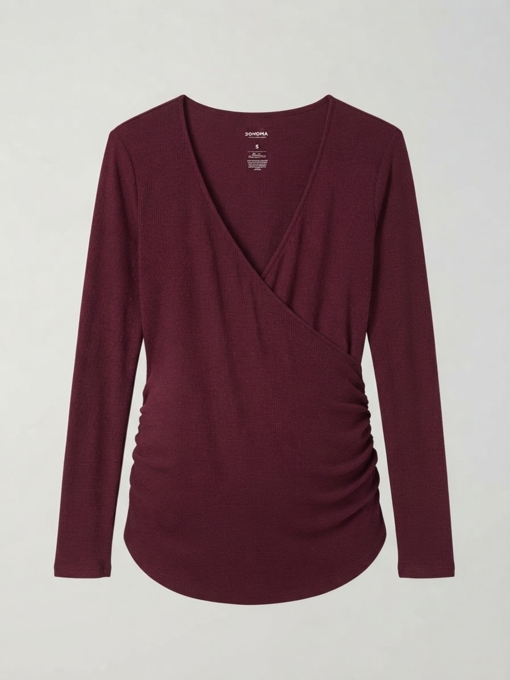 Sonoma Wrap-Front Maternity Long Sleeve Top in Burgundy